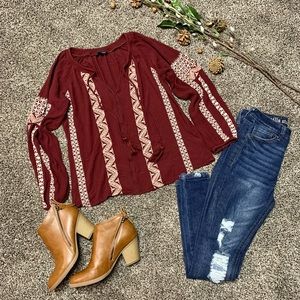 Womans American Eagle Boho Pheasant Burgundy Embroidered Long Sleeve Top Size S
